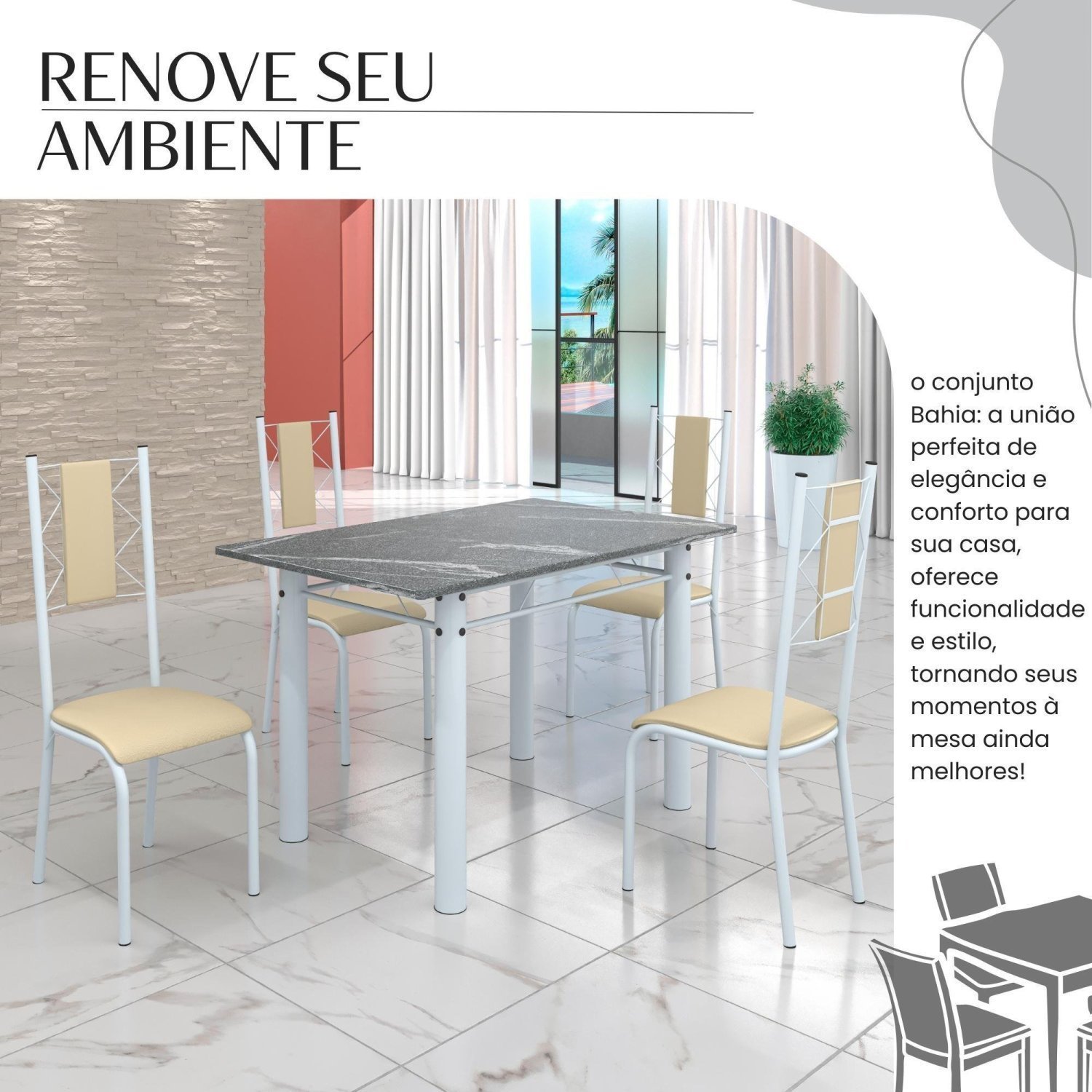 Conjunto Sala de Jantar Bahia Mesa Tubo 120x75cm Tampo Pedra Granito Topázio com 4 Cadeiras - 6