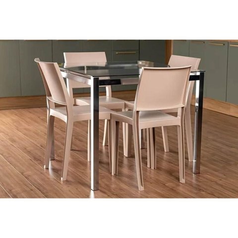 Conjunto: Mesa Sala Jantar Reno C/ Tampo de Vidro 90x90cm e 4 Cadeiras Hydra Plus Cromada -