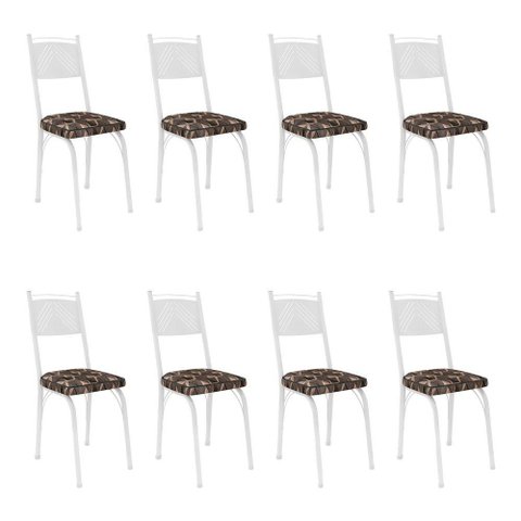 Kit 8 Cadeiras de Cozinha Virginia Estampado Mosaico Palha Pés de Ferro Branco
