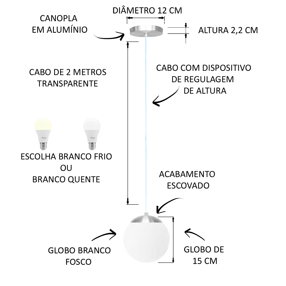 LUSTRE PENDENTE GLOBO VIDRO JABUTICABA STUTTGART ESCOVADO - 2