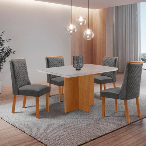 Mesa de Jantar Olímpia 120 cm Tampo MDF Vidro Canto Copo com 4 Cadeiras Carolina Moderna Mobília