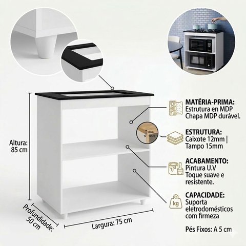 Balcão Cooktop Lara 75cm Multiuso para Cozinha Espaço Microondas Cor:branco;tamanho:5 Bocas