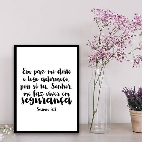 Quadro Salmo Em Paz Me Deito 24x18cm:Madeira branca