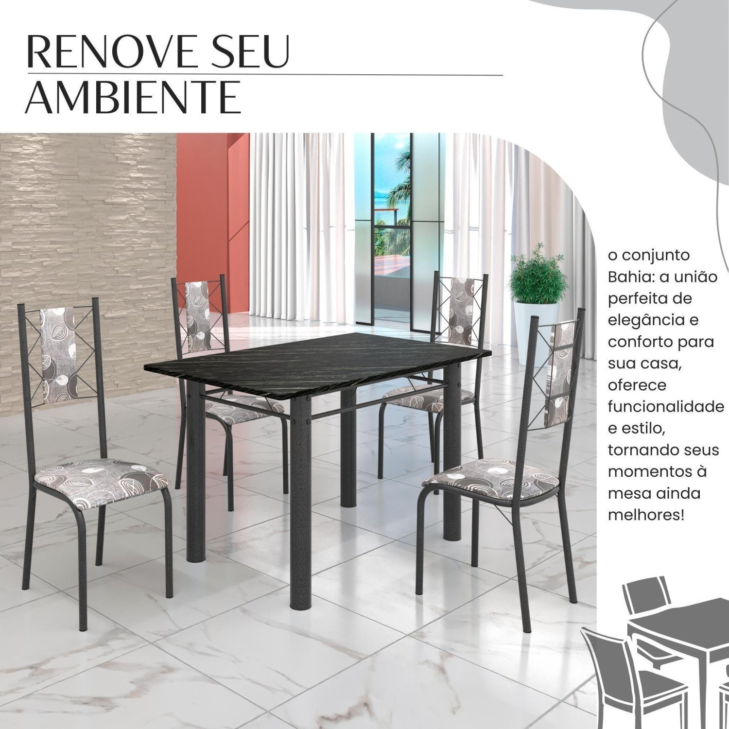 Conjunto Sala de Jantar Bahia Mesa Tubo 120x75cm Tampo Pedra Ardósia Indiana com 4 Cadeiras - 6