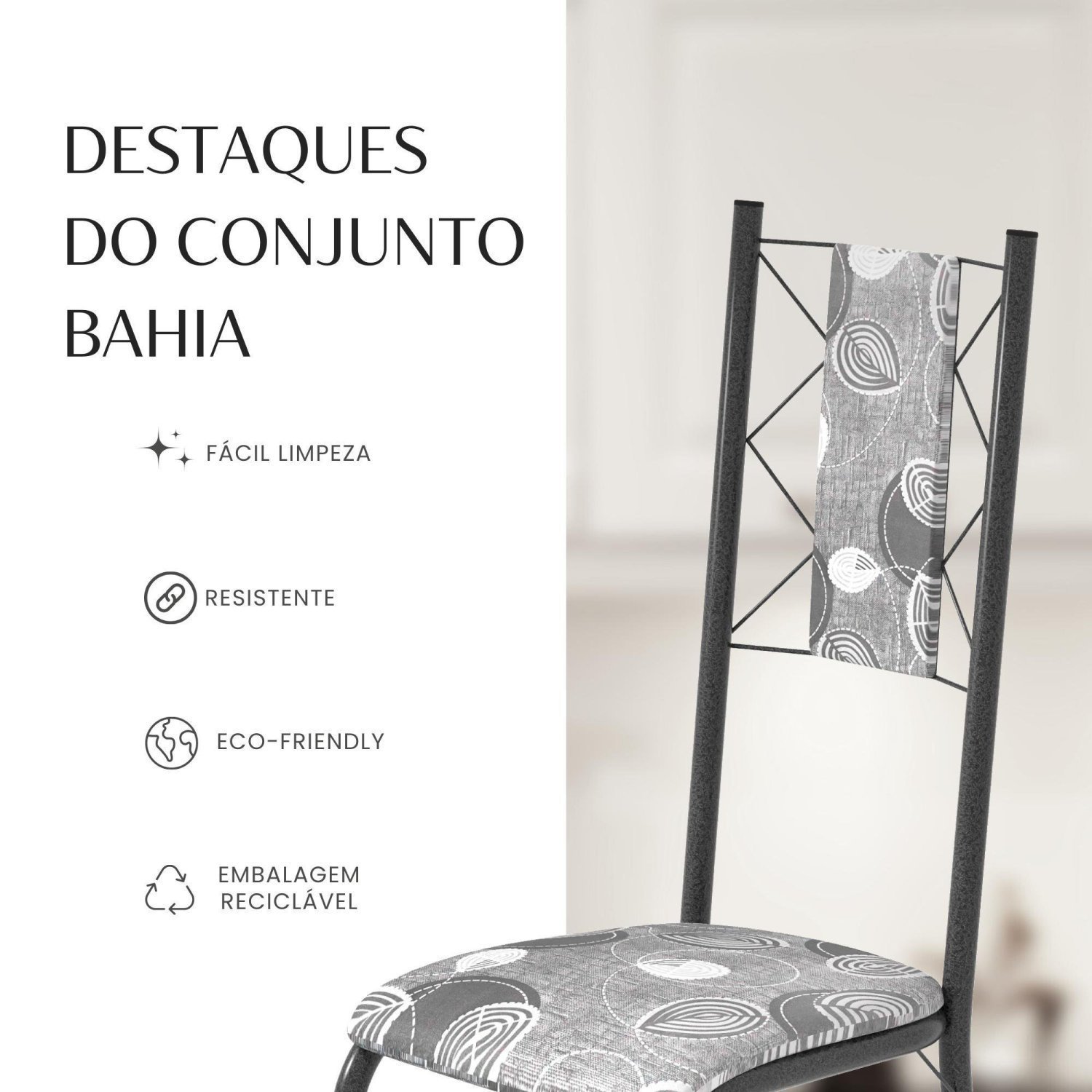Conjunto Sala de Jantar Bahia Mesa Tubo 120x75cm Tampo Pedra Ardósia Indiana com 4 Cadeiras - 10