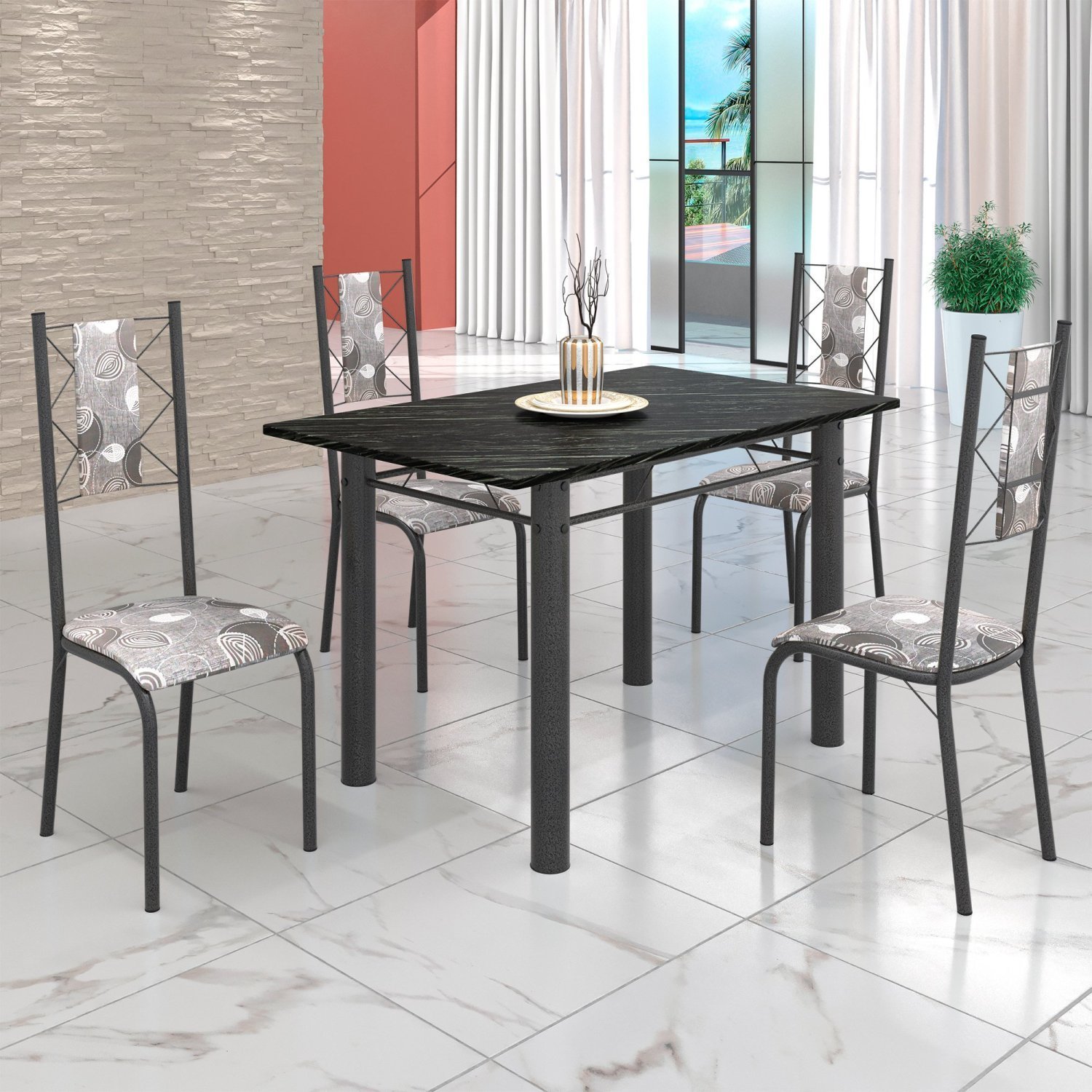 Conjunto Sala de Jantar Bahia Mesa Tubo 120x75cm Tampo Pedra Ardósia Indiana com 4 Cadeiras - 1