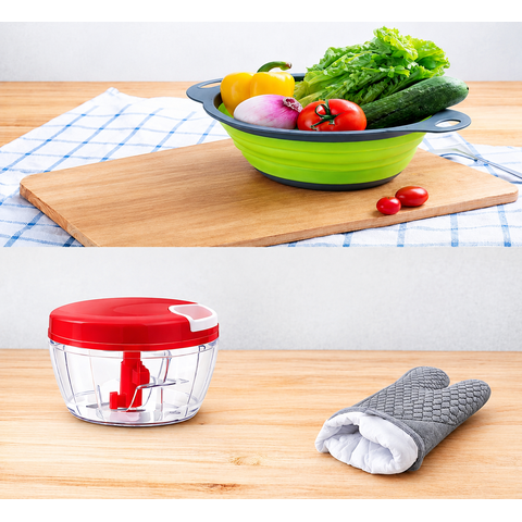 Kit Cozinha com Escorredor Retrátil de Silicone, Processador de Alimentos Manual e Luva Térmica