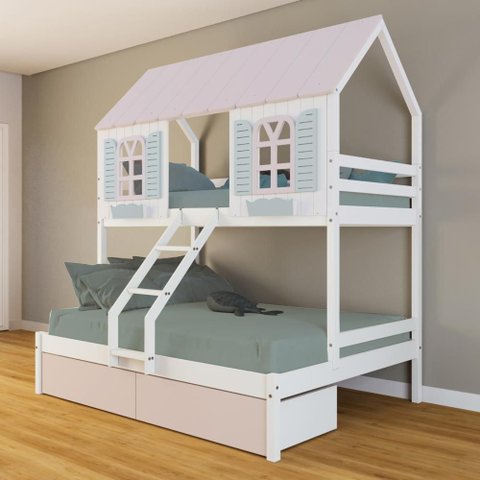 Beliche Casal/ Solteiro Casinha Bela 02 Gavetas Rosa - Madeira Maciça Branco/rosa/verde | Housin