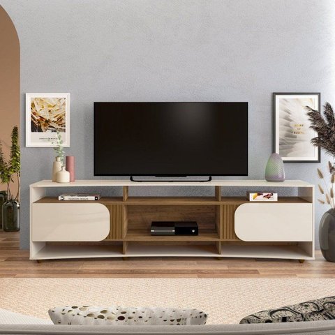 Rack para TV até 86 Polegadas MDF 220cm 2 Portas Elegance Artely Off White/ Pinho