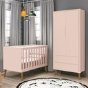 Ver imagem 2 de Jogo de Quarto Infantil Theo Retrô Guarda Roupa 2 Portas e Berço Rosa com Pés Amadeirado - Reller Mó