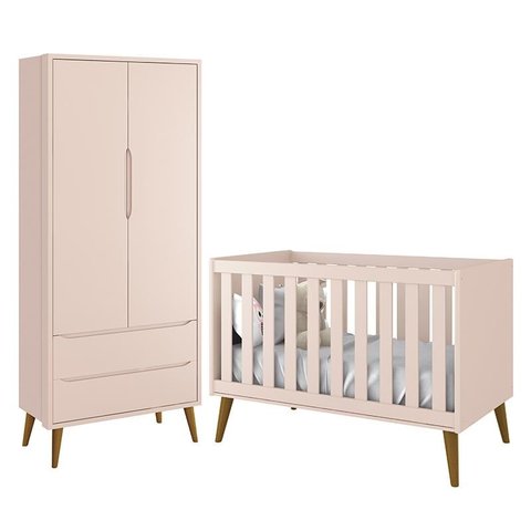 Jogo de Quarto Infantil Theo Retrô Guarda Roupa 2 Portas e Berço Rosa com Pés Amadeirado - Reller Mó