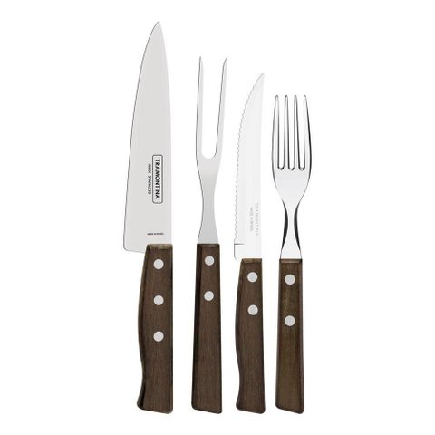 Jogo de Talheres para Churrasco Tramontina em Aço Inox com Cabo de Madeira Natural 14 Peças