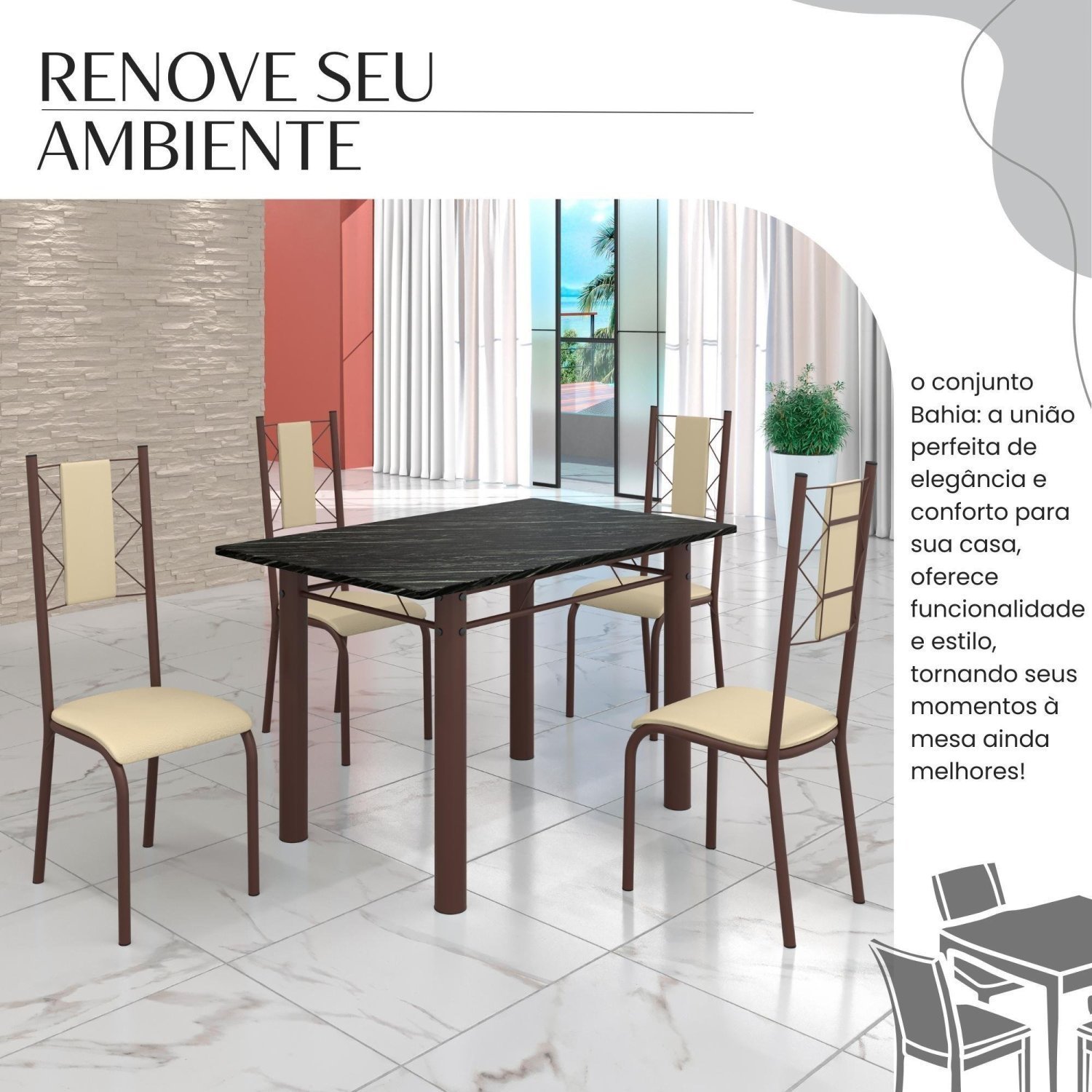 Conjunto Sala de Jantar Bahia Mesa Tubo 120x75cm Tampo Madeira Indiana com 4 Cadeiras - 6