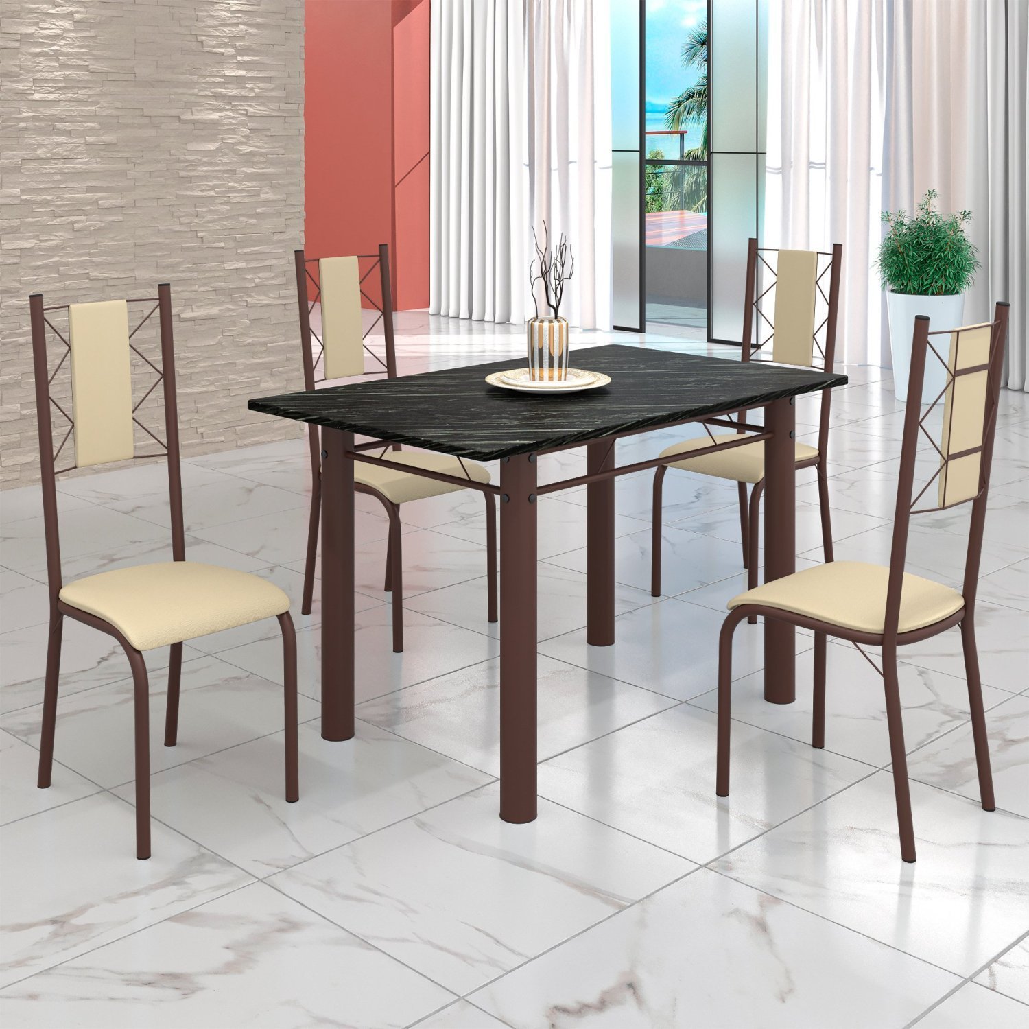 Conjunto Sala de Jantar Bahia Mesa Tubo 120x75cm Tampo Madeira Indiana com 4 Cadeiras - 1
