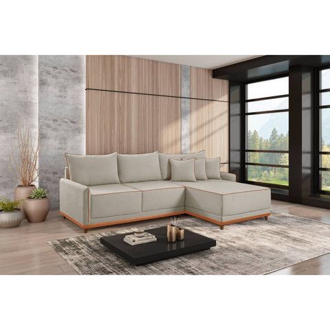 Sofá Linho 3 Lugares 264cm com Chaise Lado Direito Barra Bege Creme/Paçoca