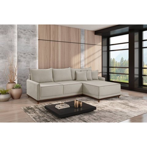 Sofá Linho 3 Lugares 264cm com Chaise Lado Direito Barra Bege Creme/Marrom