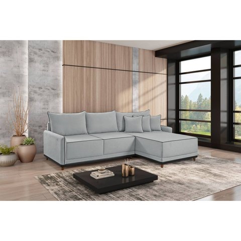 Sofá Linho 3 Lugares 264cm com Chaise Lado Direito e Kit USB Barra Branco Gelo/Preto