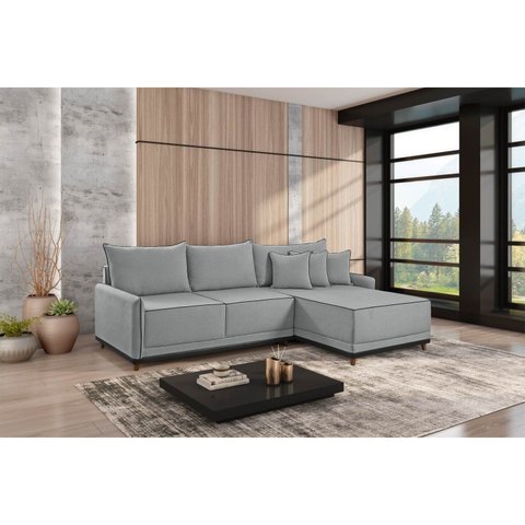 Sofá Linho 3 Lugares 264cm com Chaise Lado Direito e Kit USB Barra Cinza/Preto