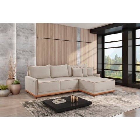 Sofá Linho 3 Lugares 264cm com Chaise Lado Direito e Kit USB Barra Bege Cru/Paçoca