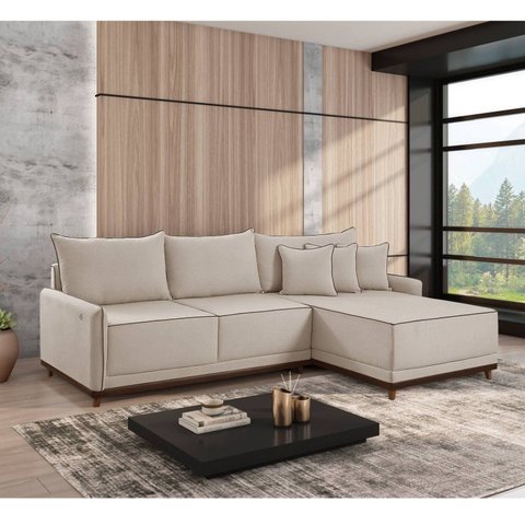 Sofá Linho 3 Lugares 264cm com Chaise Lado Direito e Kit USB Barra Bege Cru/Marrom