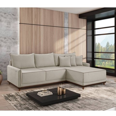 Sofá Linho 3 Lugares 264cm com Chaise Lado Direito e Kit USB Barra Bege Creme/Marrom