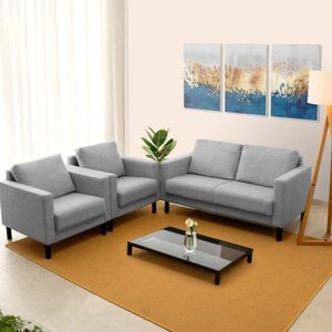 Conjunto Sofá 2 Lugares com USB e 2 Poltronas em Linho Antúrio CabeCasa MadeiraOriginals