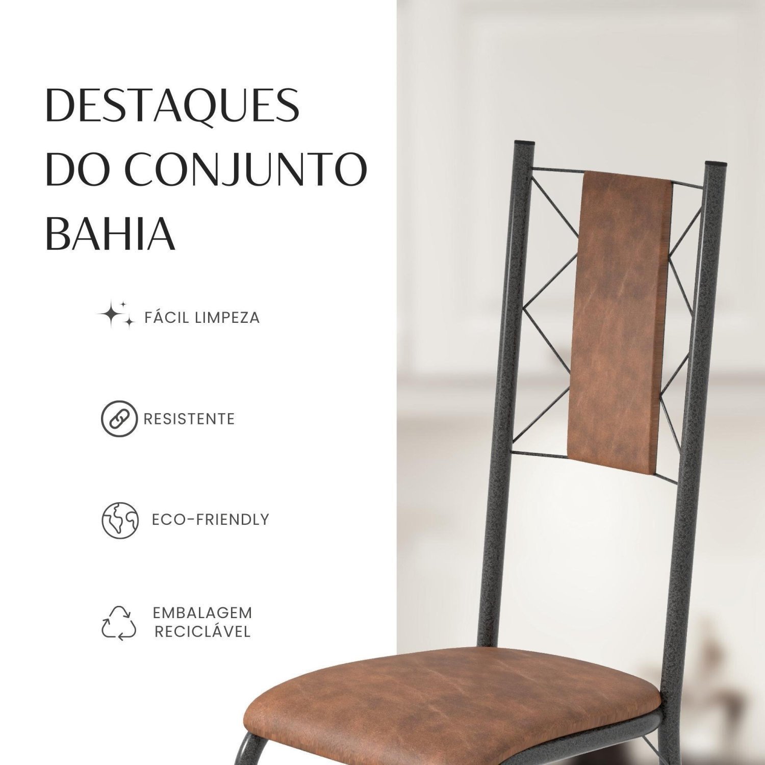 Conjunto Sala de Jantar Bahia Mesa Tubo 120x75cm Tampo Madeira Indiana com 4 Cadeiras - 10