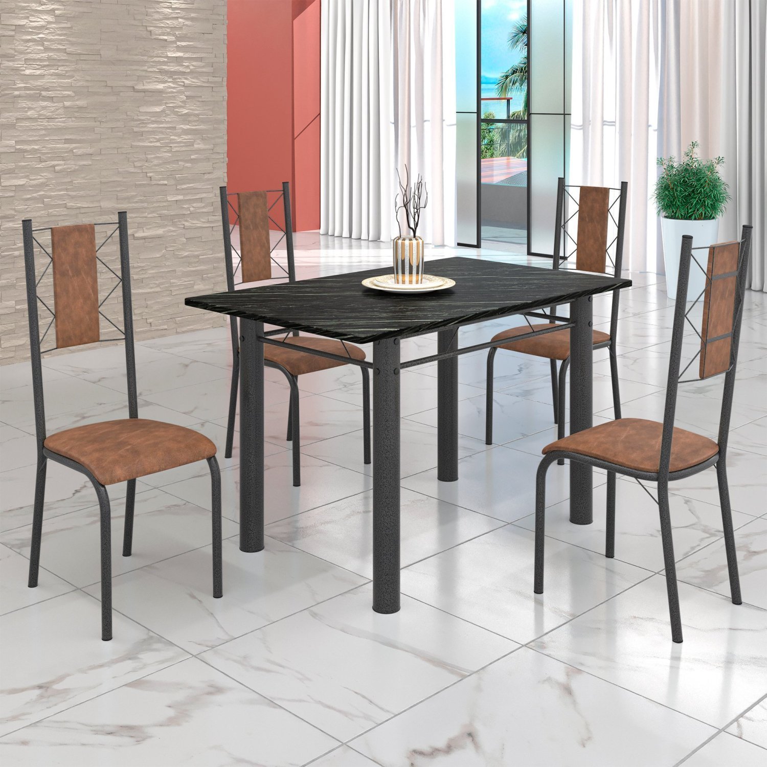 Conjunto Sala de Jantar Bahia Mesa Tubo 120x75cm Tampo Madeira Indiana com 4 Cadeiras - 1