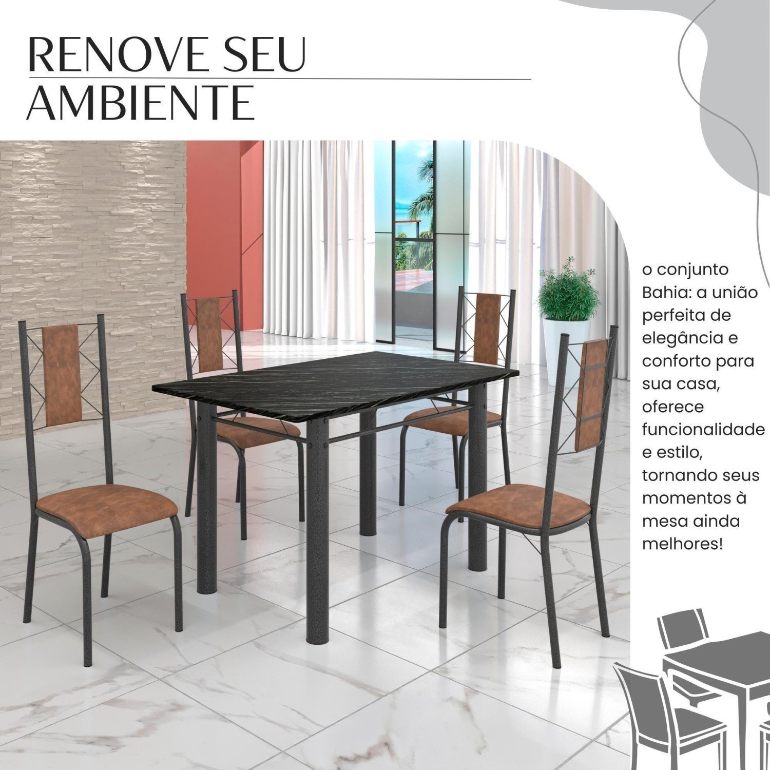 Conjunto Sala de Jantar Bahia Mesa Tubo 120x75cm Tampo Madeira Indiana com 4 Cadeiras - 6