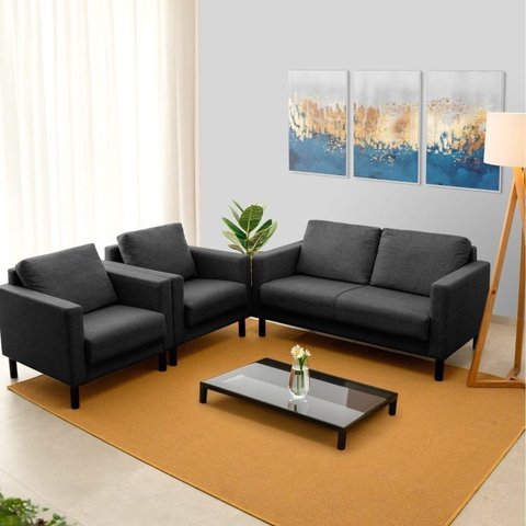 Conjunto Sofá 2 Lugares com USB e 2 Poltronas em Linho Antúrio CabeCasa MadeiraOriginals