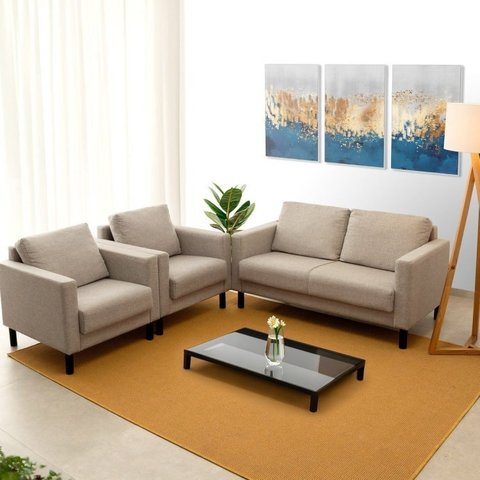 Conjunto Sofá 2 Lugares com USB e 2 Poltronas em Linho Antúrio CabeCasa MadeiraOriginals