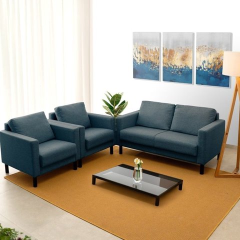 Conjunto Sofá Lugares com USB e 2 Poltronas em Linho Antúrio CabeCasa MadeiraOriginals Azul
