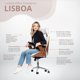 Cadeira de Escritório Ergonômica Giratória Moderna Alta Presidente Lisboa Apoio Cabeça Office Branca - 3