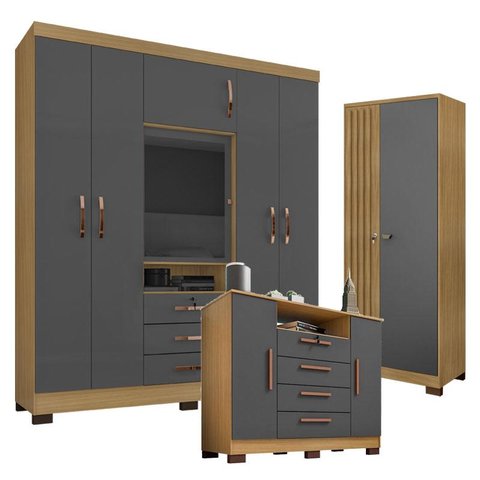 Guarda Roupa Casal Imperial e Cômoda Madri com Armário Multiuso Versatile Carvalho Americano Grafite
