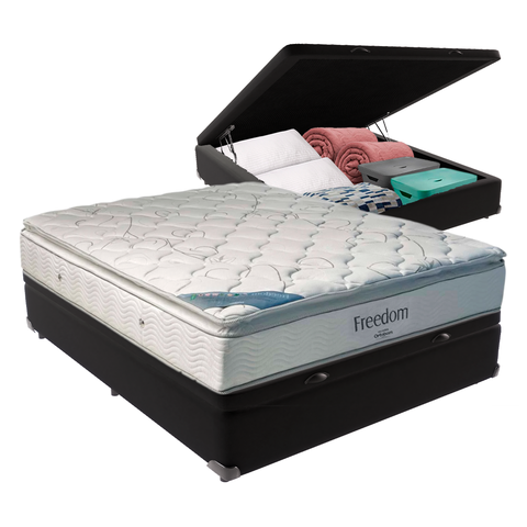 Cama Box Baú Blindado e Reforçado Casal Preto e Colchão Freedom Molas Ensacadas Ortobom