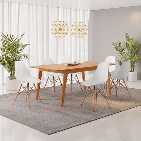 Conjunto Mesa MDF com 6 Cadeiras Eames PP Yescasa Branco/Cinamomo