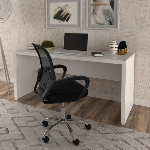Conjunto 2 Peças com Escrivaninha 163cm com Cadeira de Escritório Diretor Tela Mesh Branco