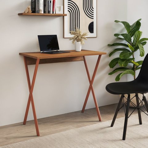Mesa de Escritório X 90x53 para Trabalho e Estudo com Base em Ferro - Ferro Cobre Tampo Amêndoa