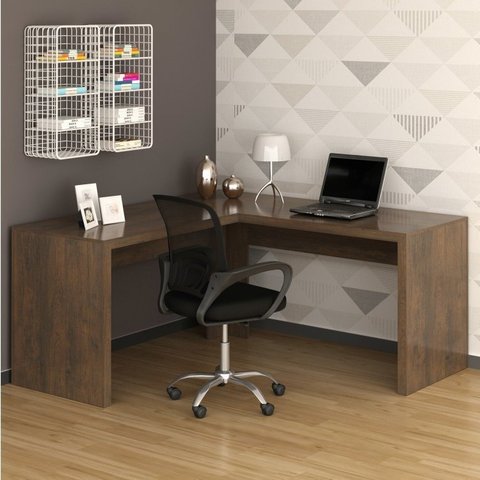 Conjunto 2 Peças com Escrivaninha em L Angular com Cadeira de Escritório Diretor Tela Mesh Rústico