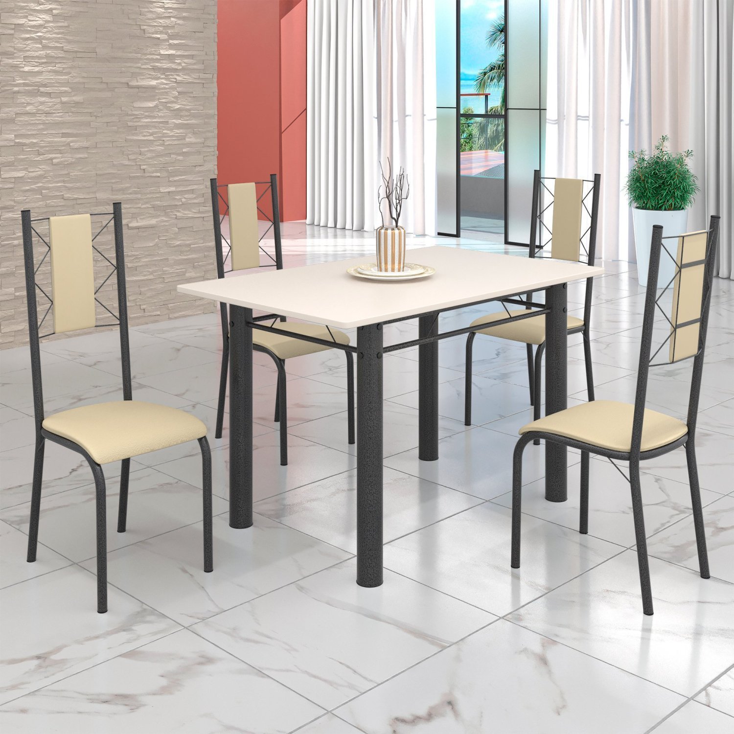 Conjunto Sala de Jantar Bahia Mesa Tubo 120x75cm Tampo Madeira com 4 Cadeiras - 1