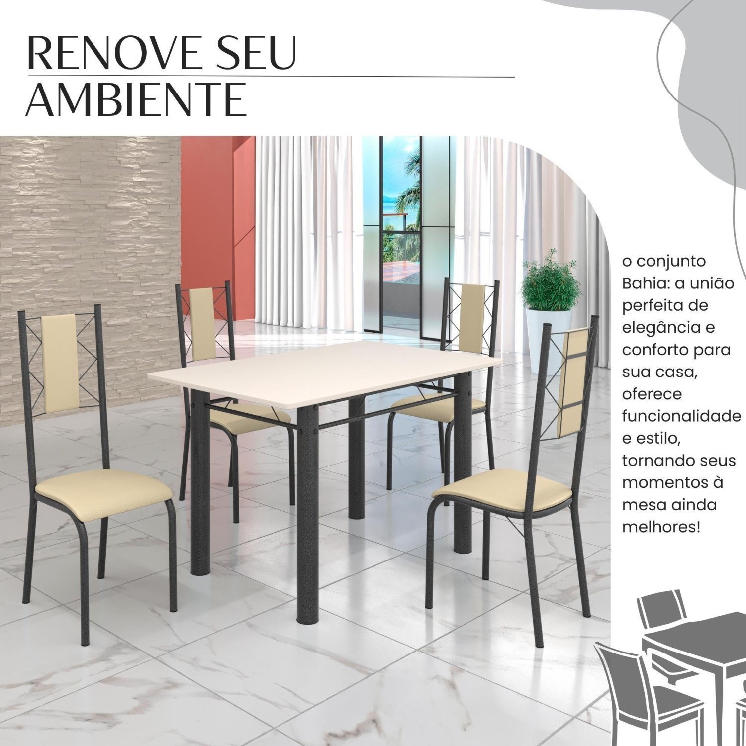 Conjunto Sala de Jantar Bahia Mesa Tubo 120x75cm Tampo Madeira com 4 Cadeiras - 6