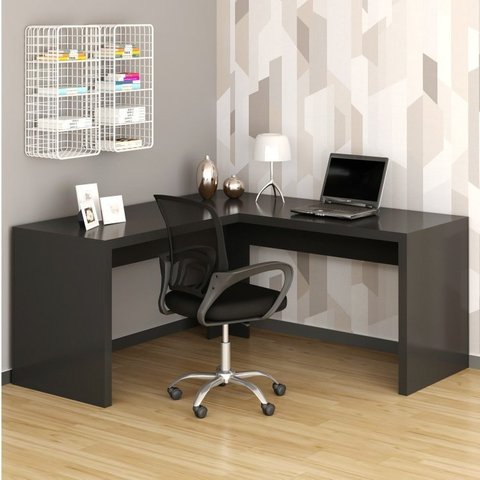 Conjunto 2 Peças com Escrivaninha em L Angular com Cadeira de Escritório Diretor Tela Mesh Preto