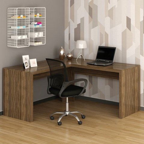 Conjunto 2 Peças com Escrivaninha em L Angular com Cadeira de Escritório Diretor Tela Mesh Nogal Preto