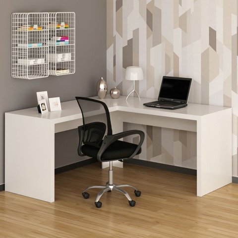 Conjunto 2 Peças com Escrivaninha em L Angular com Cadeira de Escritório Diretor Tela Mesh Branco