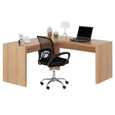 Conjunto 2 Peças com Escrivaninha em L Angular com Cadeira de Escritório Diretor Tela Mesh Amendoa