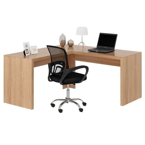 Conjunto 2 Peças com Escrivaninha em L Angular com Cadeira de Escritório Diretor Tela Mesh Amendoa