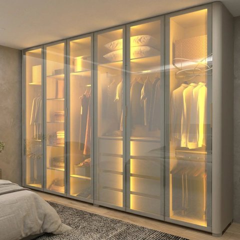 Guarda-Roupa Casal MDF Reflecta 6 Portas 4 Gavetas com LED Branco Off White Innova