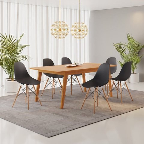 Conjunto Mesa Retangular MDF com 6 Cadeiras Eames PP Yescasa Preto/Cinamomo