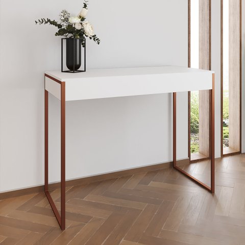 Aparador Industrial Retangular Califórnia Branco 137x40cm Base Cobre
