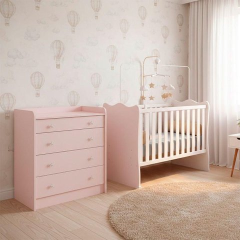 Quarto de Bebê Berço e Cômoda 4 Gavetas Doce Sonho MDP Rosa Qmovi 70cm